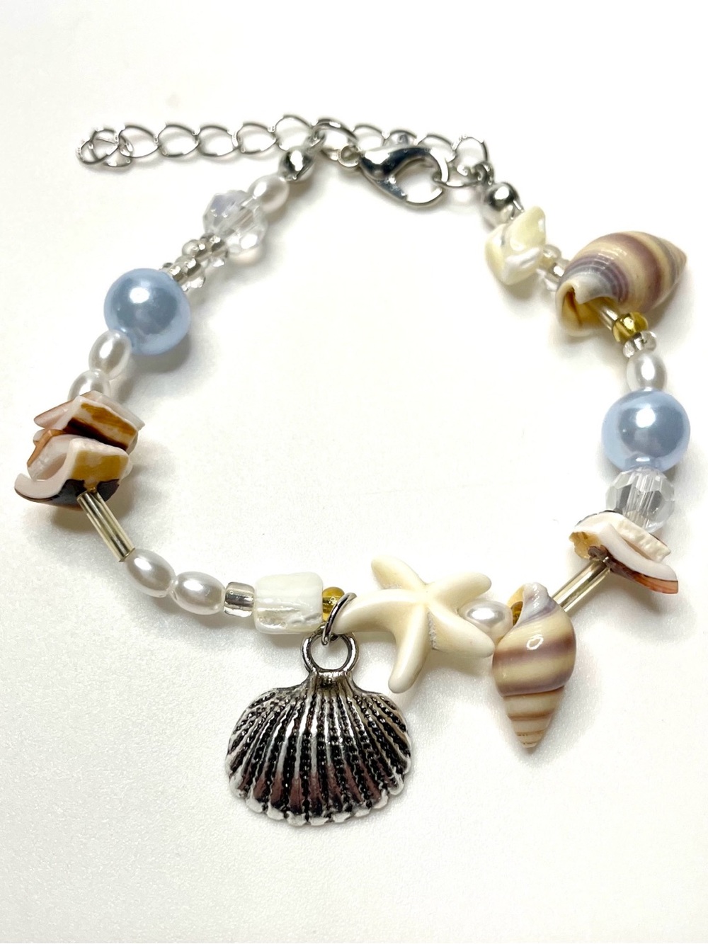Shell Beach Bracelet silver scallop blue pearls starfish chain adjustable